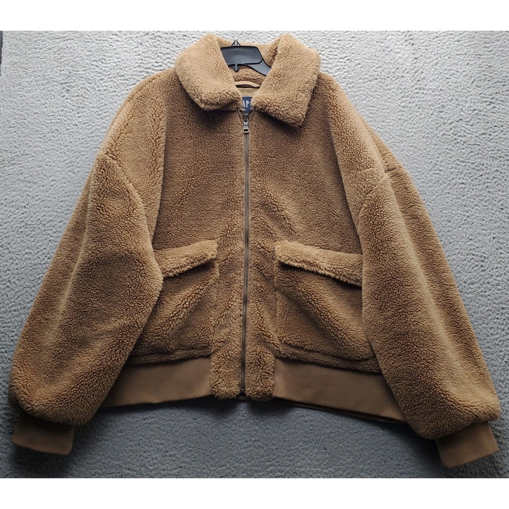 Gap Teddy Bear Jacket Womens XXL Brown Lined Long Sleeve Patch Pocket‎ Full Zip